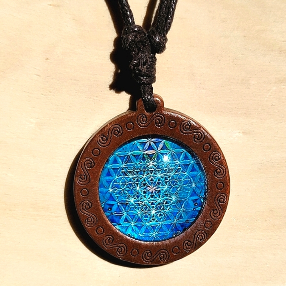 Flower of Life Wood Carved Blue Holographic Pendant Unisex Necklace